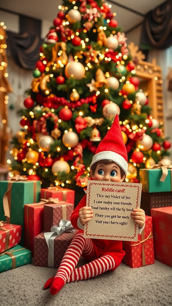 A decorated Christmas tree with gifts and an elf holding a riddle card.